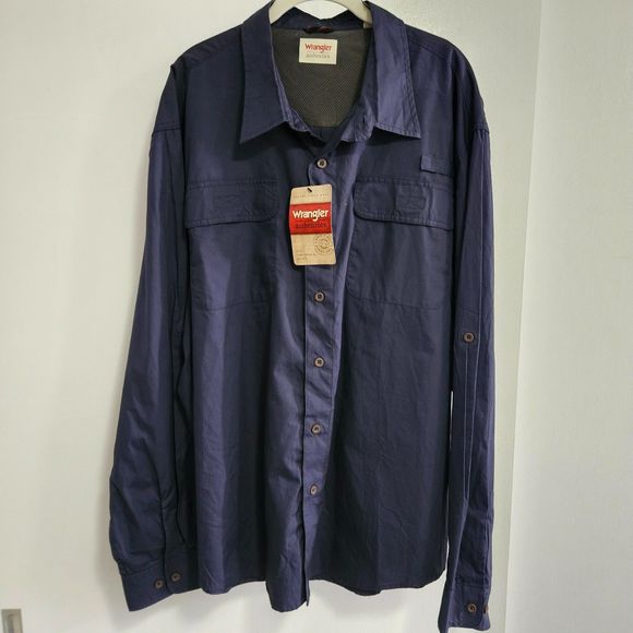 Wrangler Size 3XL Cotton Navy Blue Long Sleeve Button Front Mesh Panel‎ Shirt - Picture 1 of 7